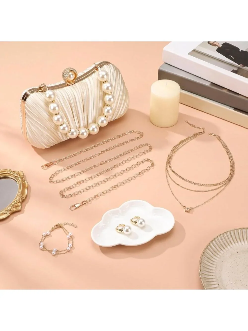 4 Pcs Women's Seashell Evening Clutch Set with Jewelry for Holiday Parties